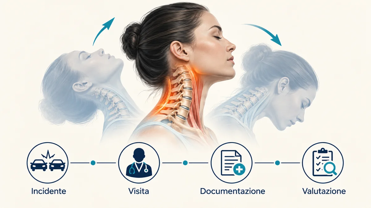 Schema del colpo di frusta e dei passaggi per ottenere il risarcimento